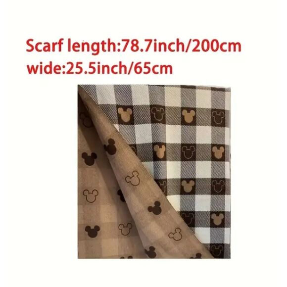 Plush Tan Black White MICKEY MOUSE Scarf Wrap Buffalo Check Long Wide - Picture 4 of 7